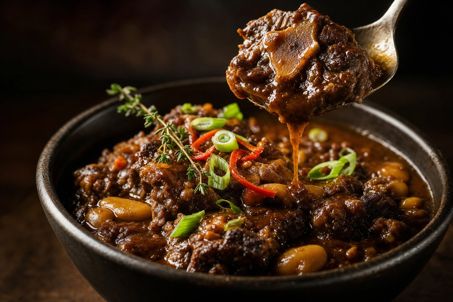Spoonful of glossy braised oxtail lifted from a bowl of rich gravy with butter beans, thyme and scallion