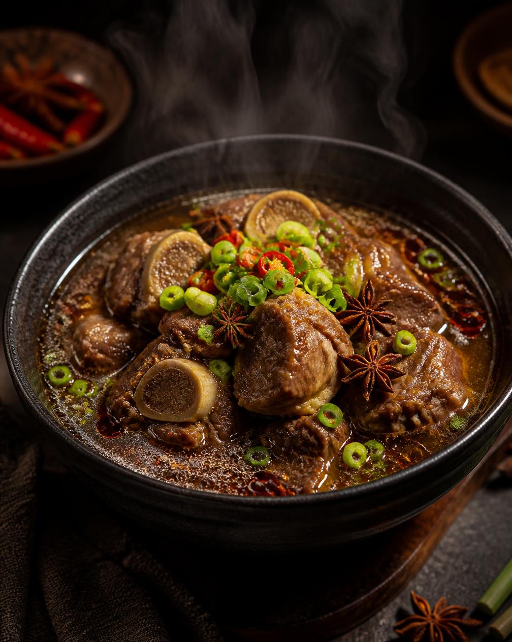 Oxtail soup with star anise, scallions and chili