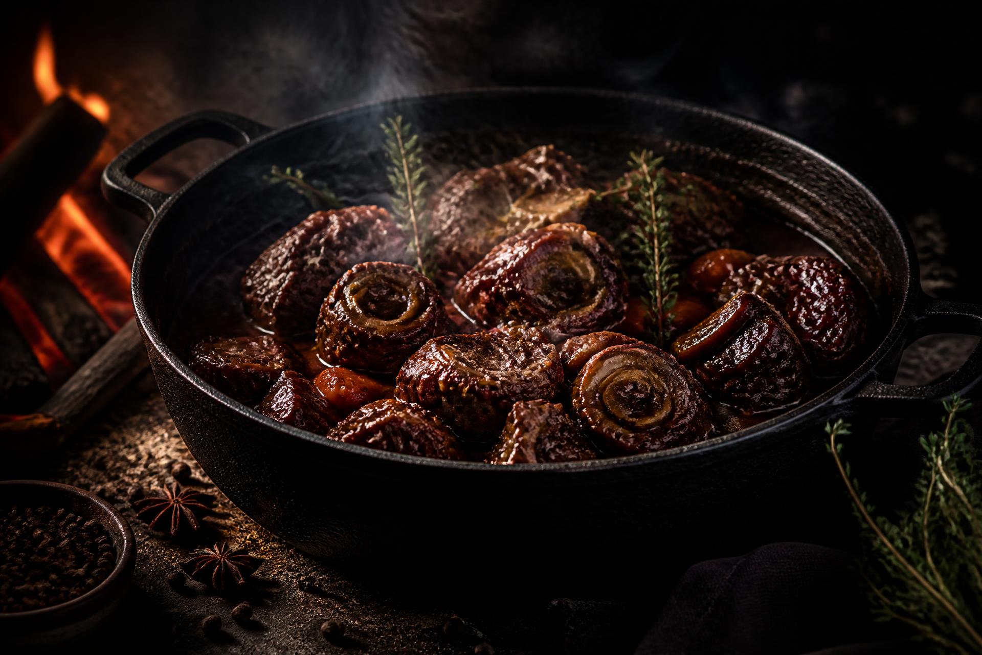 Braised oxtail simmering in a cast iron pot beside an open flame
