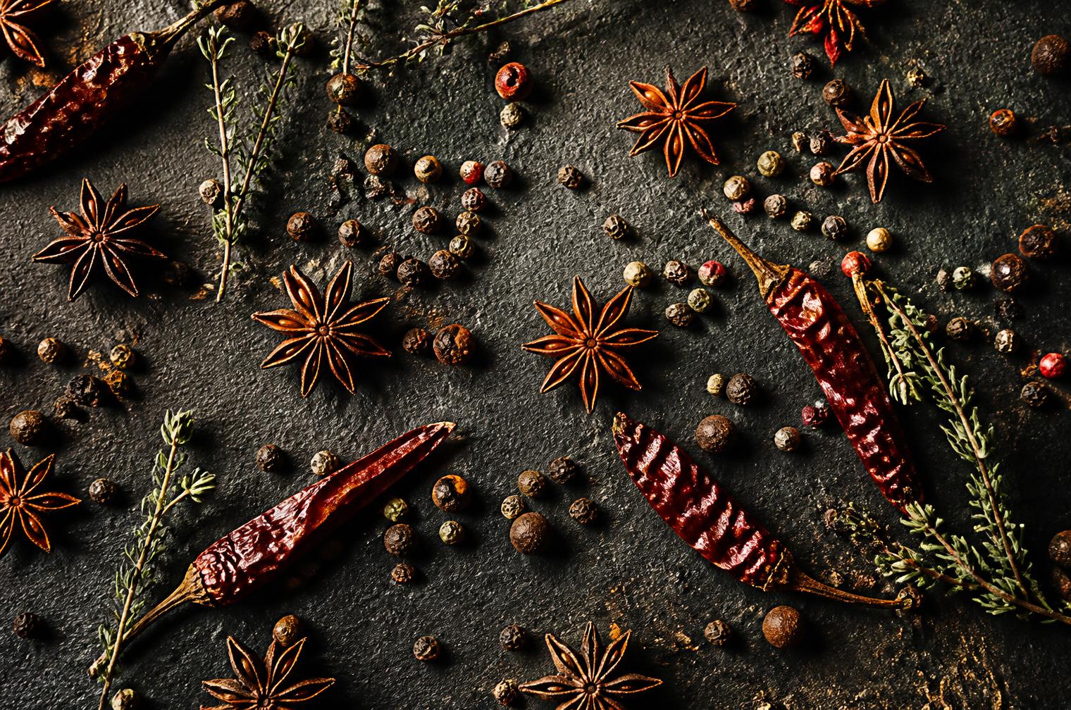Whole spices scattered across a dark stone surface